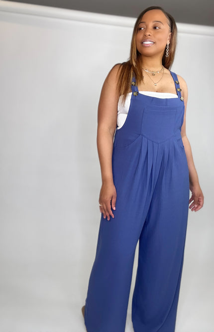 Wide Strap Overalls with Pleated Front Detail and Pockets - Indigo