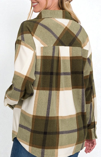 Oversized Plaid Fleece Shacket - Olive