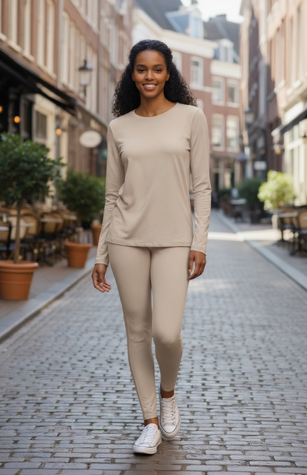 Microfiber Round Neck Top and Leggings Set - Mocha