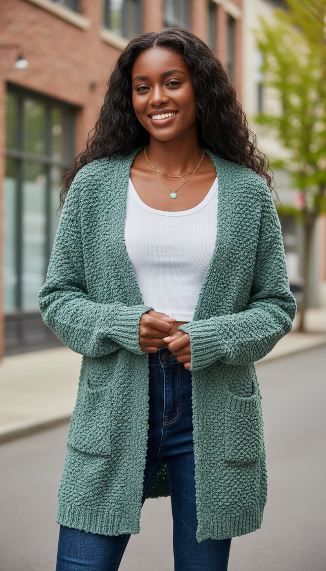 Cozy Long Sleeve Sweater Cardigan with Pockets (Ash Jade)