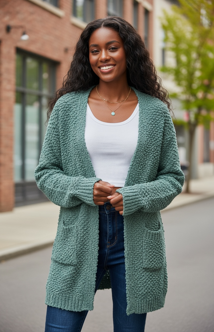 Cozy Long Sleeve Sweater Cardigan with Pockets (Ash Jade)