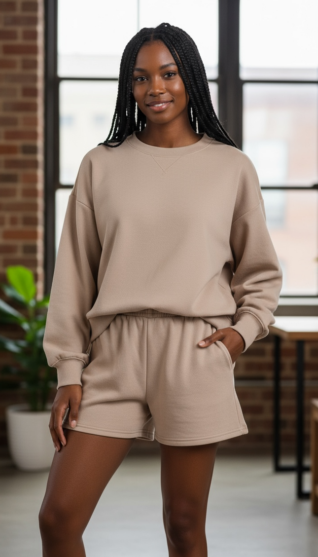Fleece Long Sleeve Sweatshirts & Shorts Set - Mocha