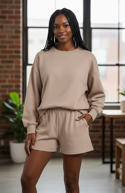 Fleece Long Sleeve Sweatshirts & Shorts Set - Mocha