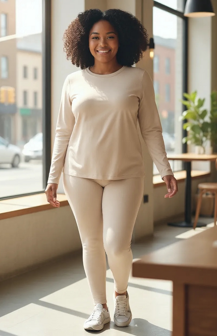 Microfiber Round Neck Top and Leggings Set - Mocha