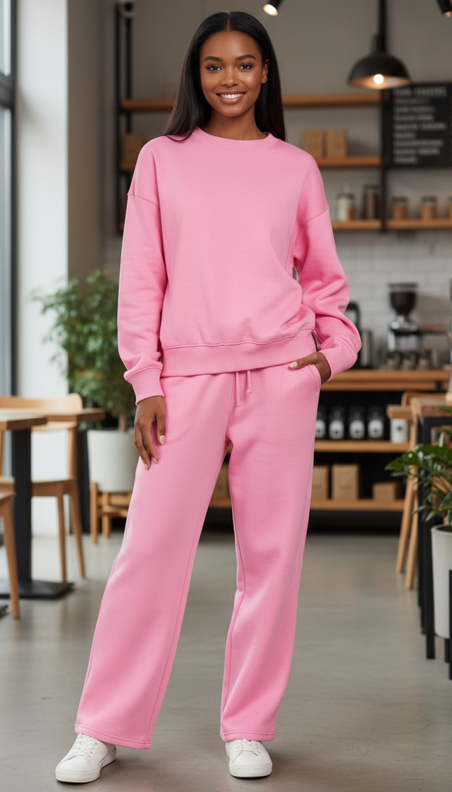 Fleece Long Sleeve Top and Sweatpants Set - Pink