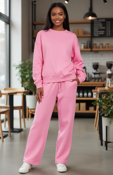 Fleece Long Sleeve Top and Sweatpants Set - Pink