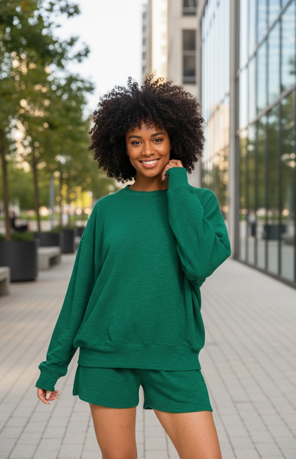Your Favorite Long Sleeve Top and Shorts Set - Hunter Green