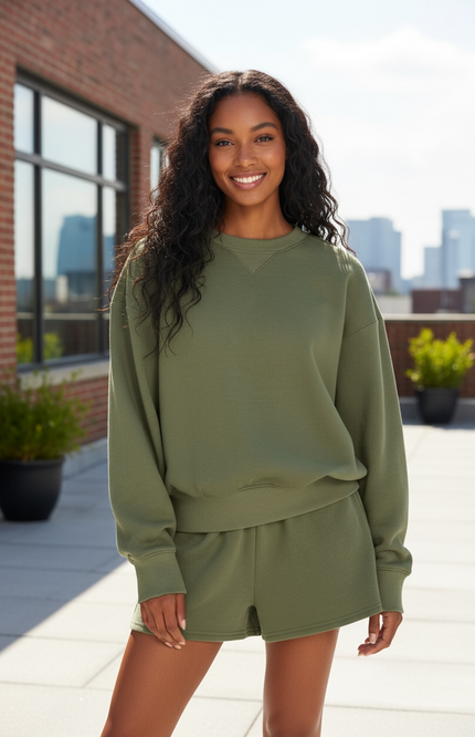Fleece Long Sleeve Sweatshirts & Shorts Set - Dark Olive