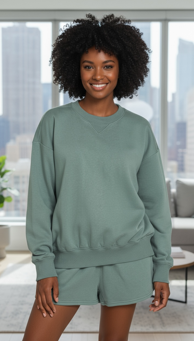 Fleece Long Sleeve Sweatshirts & Shorts Set - Jade