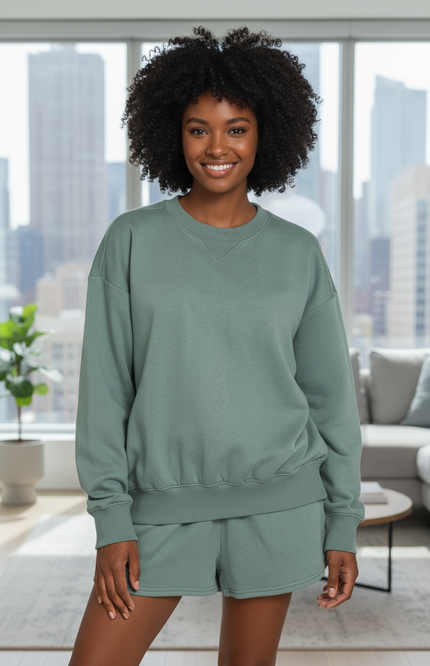 Fleece Long Sleeve Sweatshirts & Shorts Set - Jade