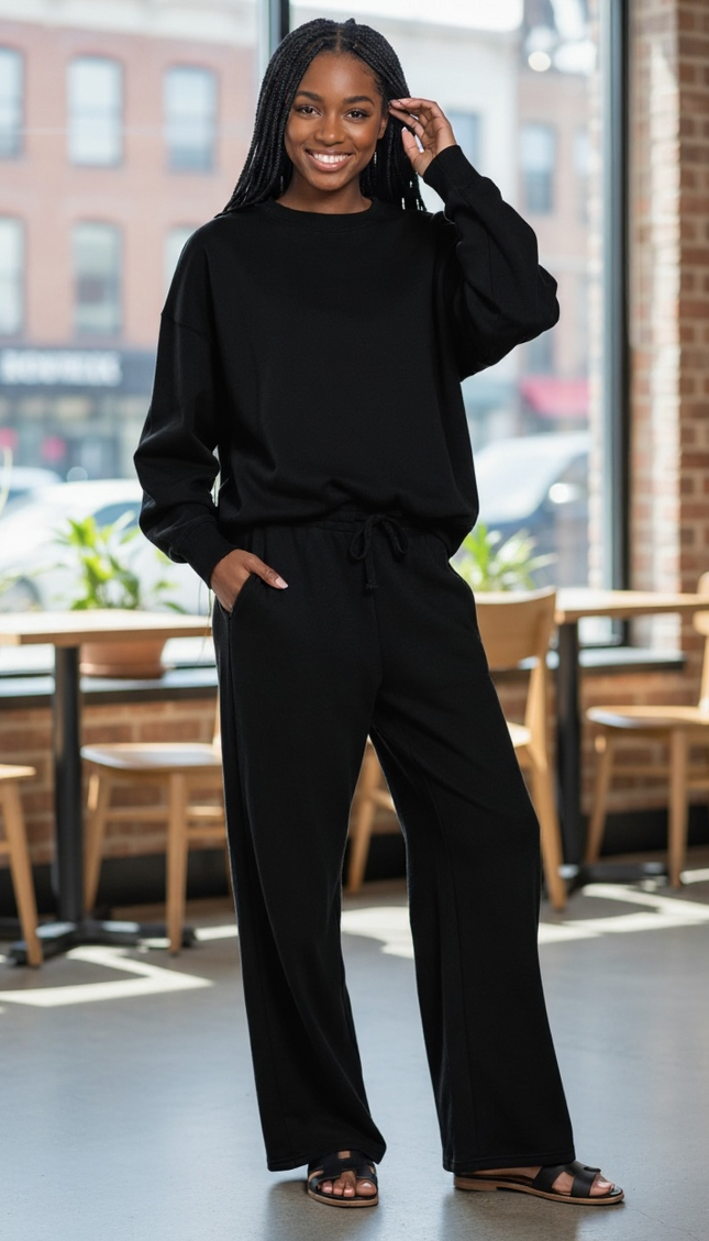 Fleece Long Sleeve Top and Sweatpants Set - Black