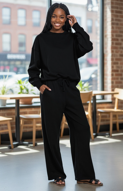 Fleece Long Sleeve Top and Sweatpants Set - Black
