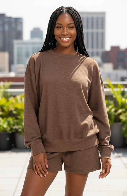 Your Favorite Long Sleeve Top and Shorts Set -  Brown