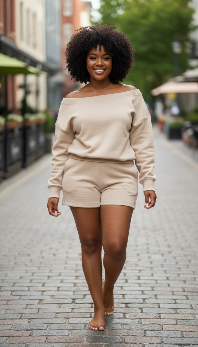 Fleece Boat Neck Sweatshirt and Shorts Set (Ash Mocha)