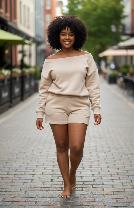 Fleece Boat Neck Sweatshirt and Shorts Set (Ash Mocha)
