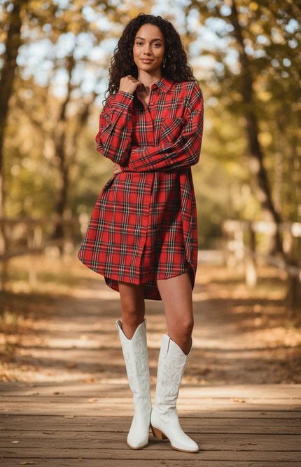 Unmatched Plaid Button Shirt Dress - Red Multi