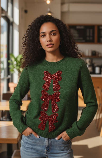 Unmatched Bowtiful Sequin Christmas Sweater - Hunter Green & Red