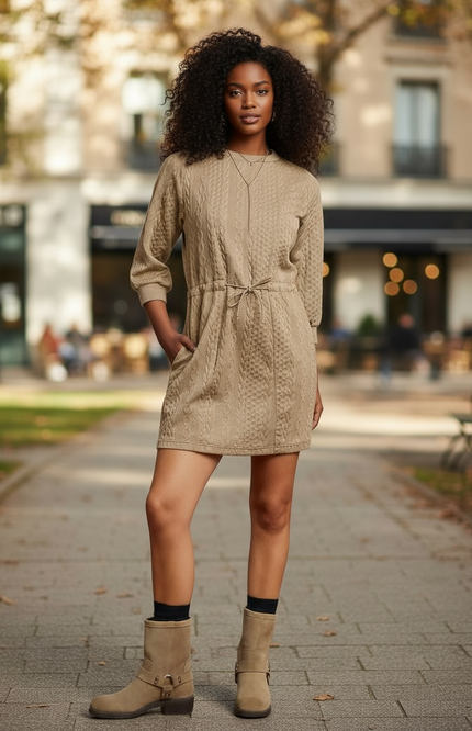 Pocketed Knit Delight Mini Dress - Taupe