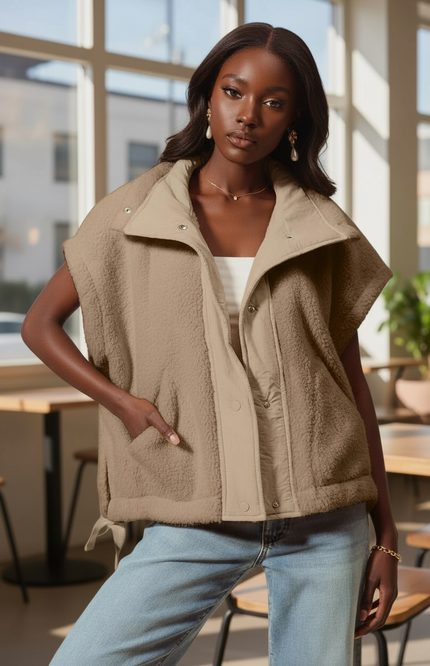Relaxed Soft Sherpa Sleeveless Jacket - Taupe