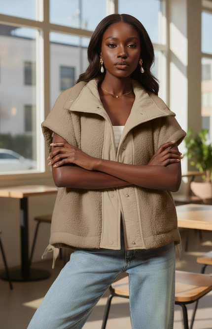 Relaxed Soft Sherpa Sleeveless Jacket - Taupe