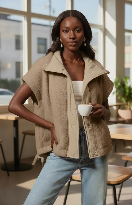 Relaxed Soft Sherpa Sleeveless Jacket - Taupe