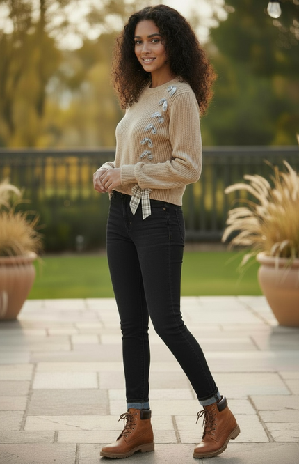 Lace-Up Plaid Statement Sweater - Taupe