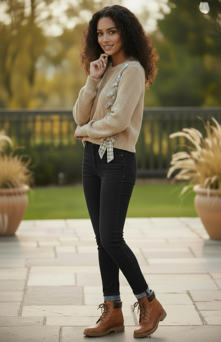 Lace-Up Plaid Statement Sweater - Taupe