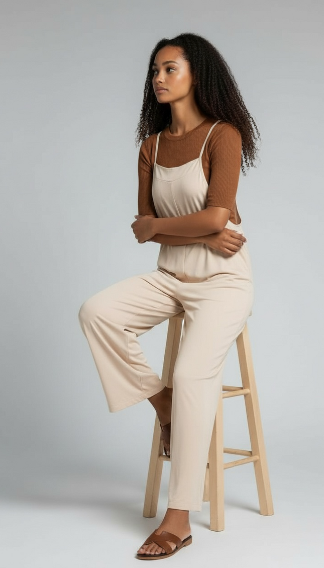 Effortless Elegance Wide Leg Jumpsuit (Beige)