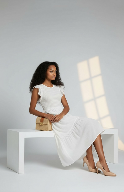 Romantic Ruffle Sleeve Midi Dress (White)