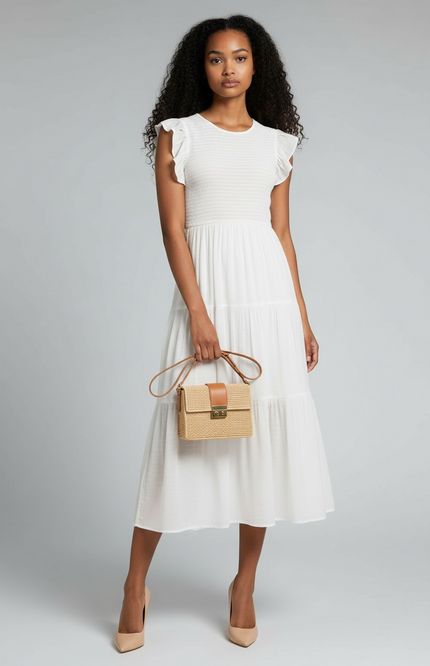 Romantic Ruffle Sleeve Midi Dress (White)