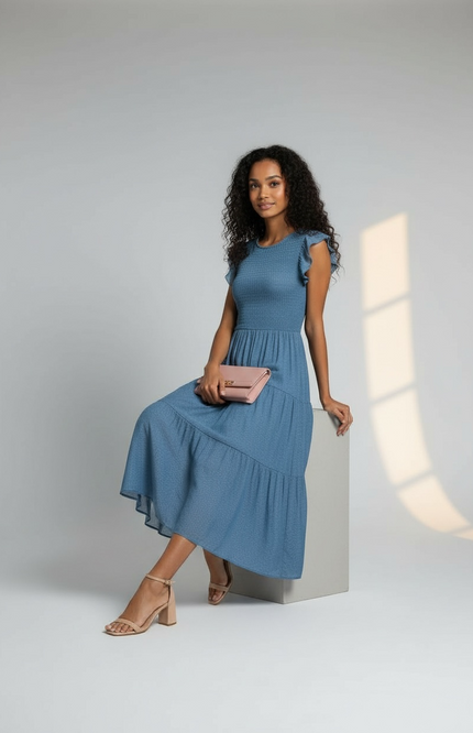 Romantic Ruffle Sleeve Midi Dress (Dusty Blue)