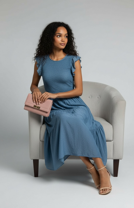 Romantic Ruffle Sleeve Midi Dress (Dusty Blue)