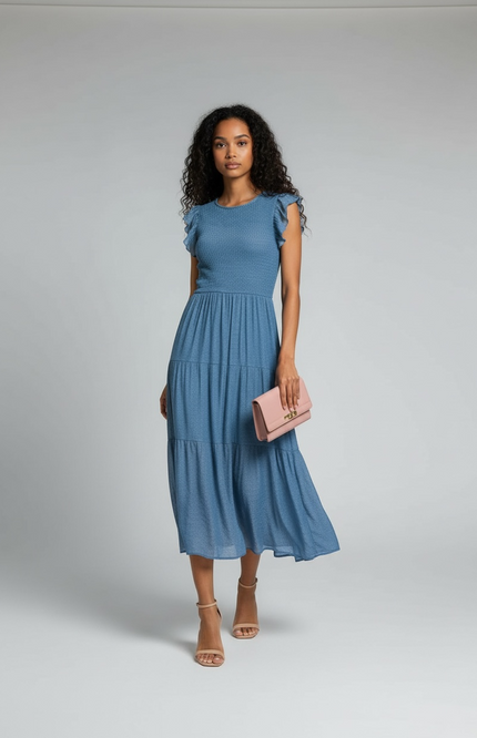Romantic Ruffle Sleeve Midi Dress (Dusty Blue)