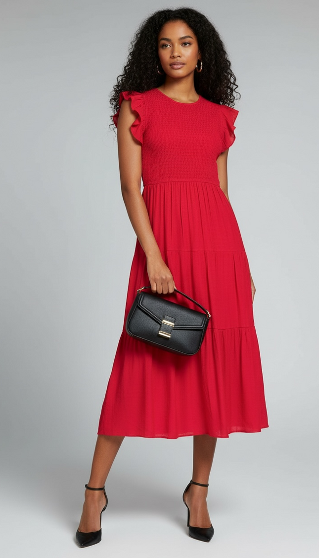 Romantic Ruffle Sleeve Midi Dress (Red)