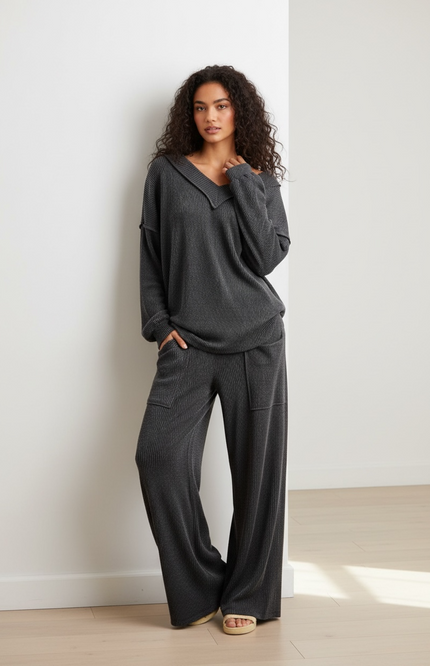 Two-Tone Cord Rib V-Neck Set