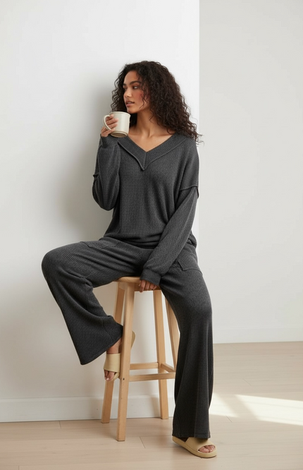 Two-Tone Cord Rib V-Neck Set