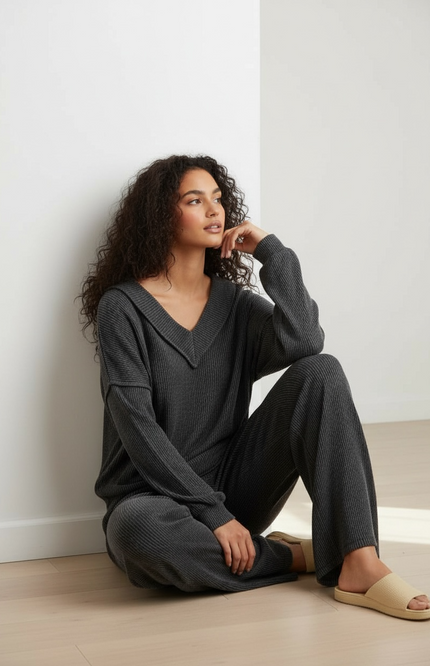 Two-Tone Cord Rib V-Neck Set