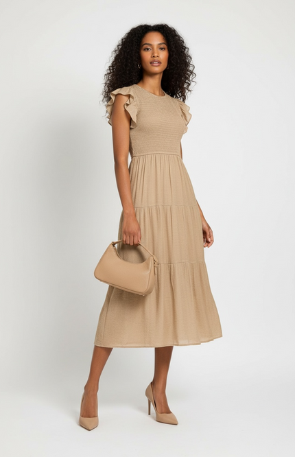 Romantic Ruffle Sleeve Midi Dress (Light Mocha)