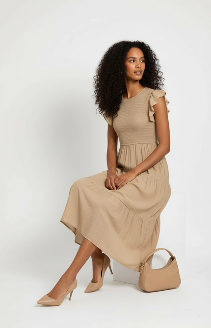 Romantic Ruffle Sleeve Midi Dress (Light Mocha)