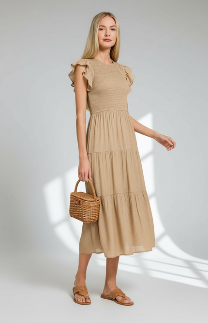 Romantic Ruffle Sleeve Midi Dress (Light Mocha)