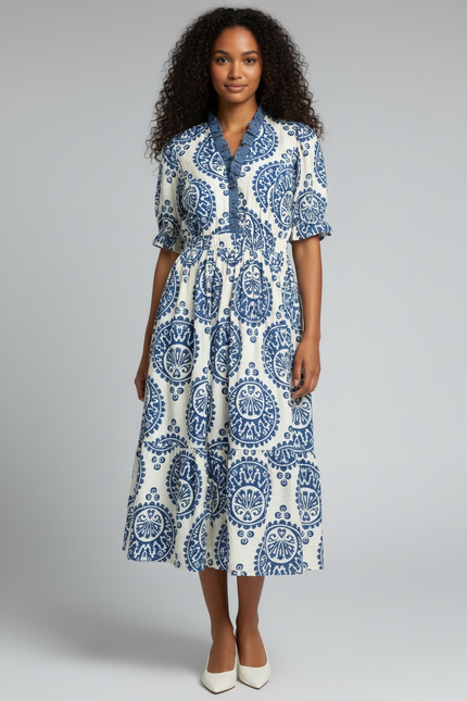 Bohemian Paisley Smocked Waist Midi Dress - Blue
