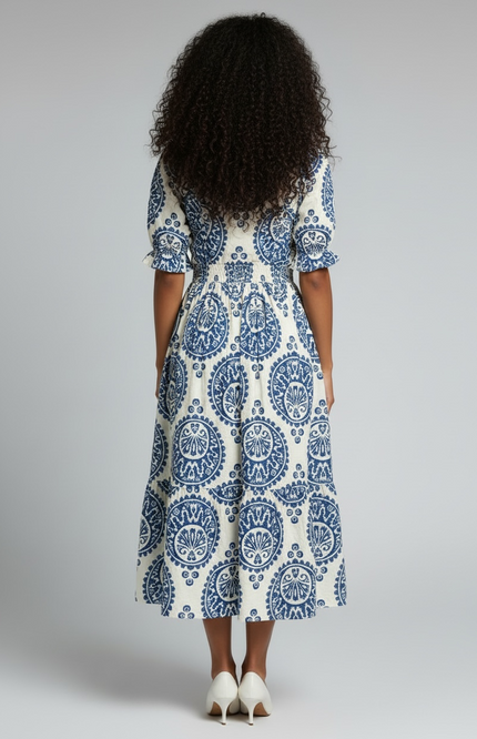 Bohemian Paisley Smocked Waist Midi Dress - Blue