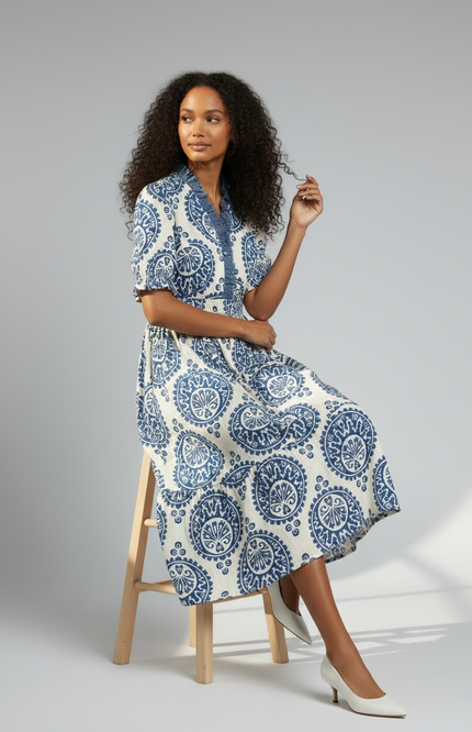 Bohemian Paisley Smocked Waist Midi Dress - Blue