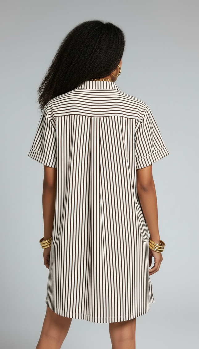 The Stripe Collared Half Button Up T-Shirts Dress - Brown