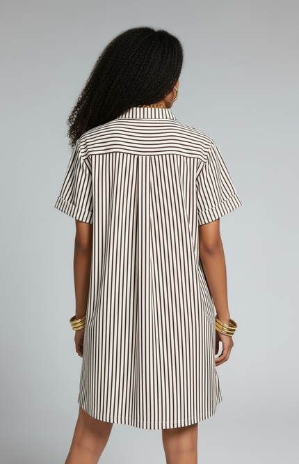 The Stripe Collared Half Button Up T-Shirts Dress - Brown
