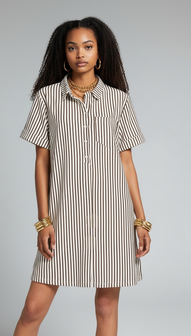 The Stripe Collared Half Button Up T-Shirts Dress - Brown