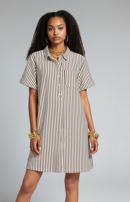 The Stripe Collared Half Button Up T-Shirts Dress - Brown