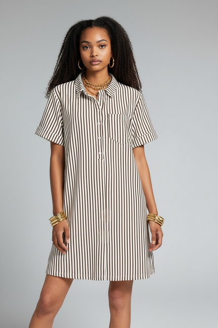 The Stripe Collared Half Button Up T-Shirts Dress - Brown
