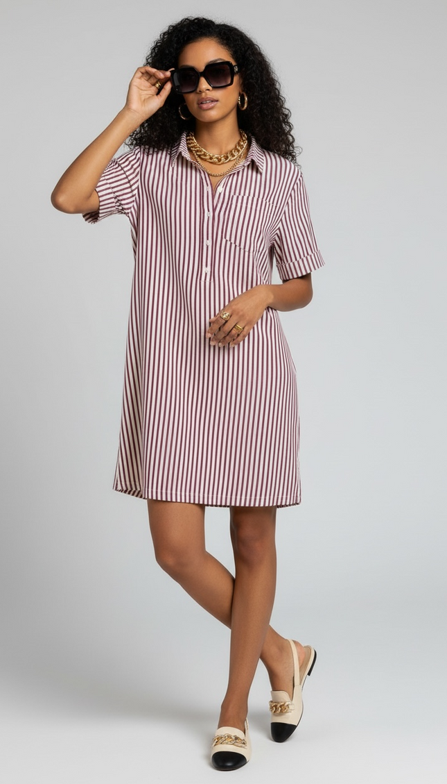 The Stripe Collared Half Button-Up T-Shirt Dress - Cabernet