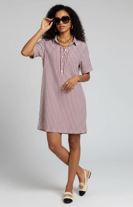 The Stripe Collared Half Button-Up T-Shirt Dress - Cabernet